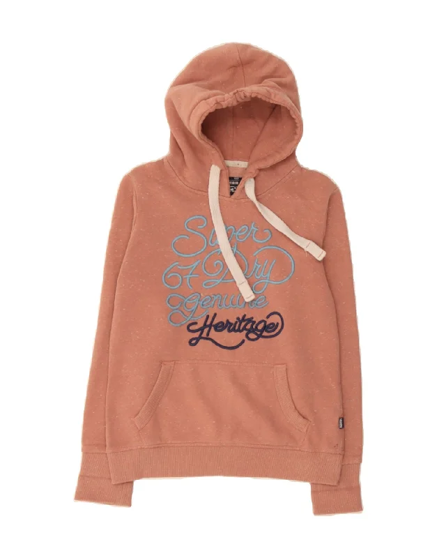SUPERDRY Womens Graphic Hoodie Jumper UK 10 Small  Pink Flecked Cotton Hoodie with Hem Elastic Stretchable Comfortable