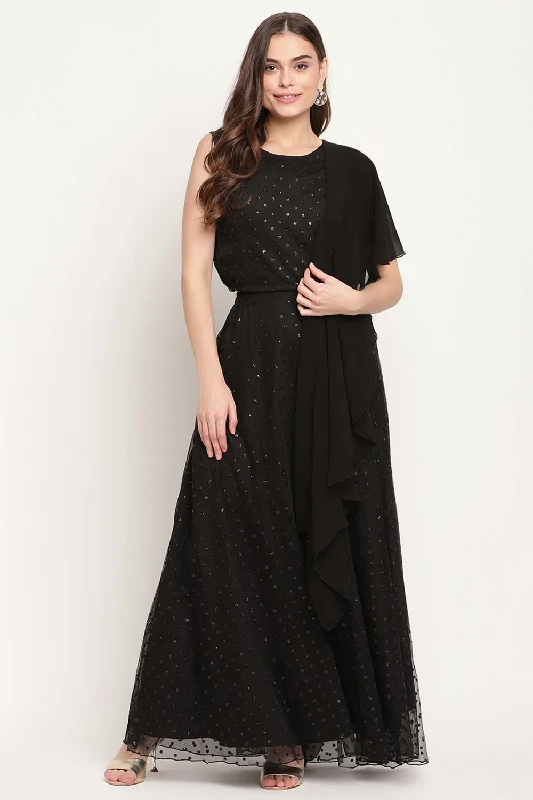 Black Net Glitter Print Top Skirt Set With Dupatta belted skirt waist