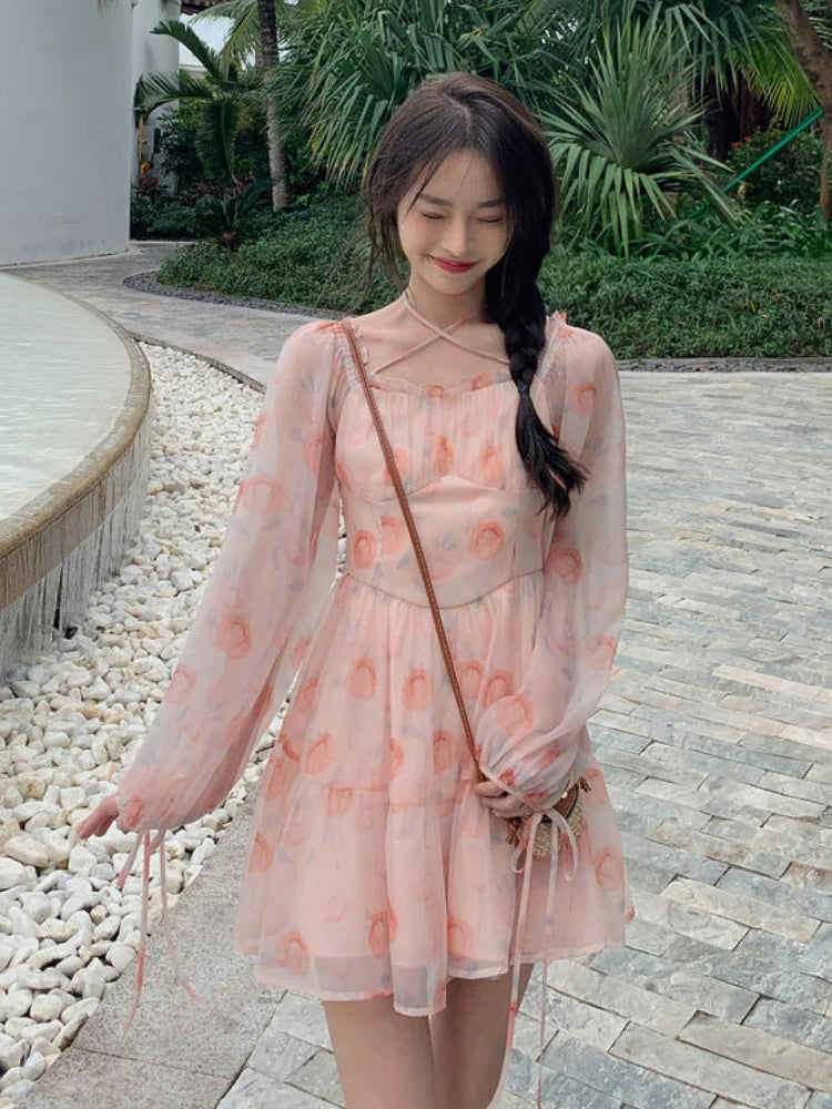 Wjczt Spring Vintage Midi Dress Women Elegant Princess Lantern Sleeve Floral Fairy Dress Casual Sweet Beach Korean Party Dresses Pleated Skirt Elegant