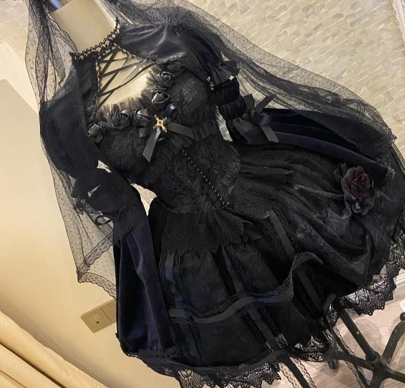 Wjczt Japanese Victorian Gothic Lolita Dress Vintage Girl Sweet Lace Rose Elegant Princess Holiday Party Dresses Women Dark Slip Dress Tunics Gym athletic