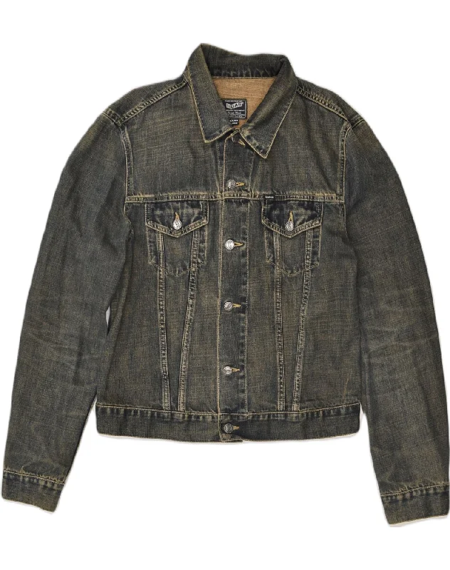 GAS Womens Denim Jacket UK 18 XL Navy Blue Cotton Print Jacket Jacquard Jacket Patchwork Jacket