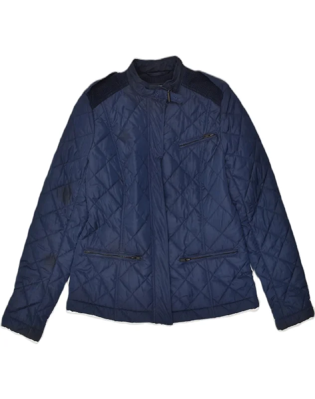 FRENCH CONNECTION Womens Quilted Jacket UK 12 Medium Navy Blue Polyester Snapped Jacket Toggled Jacket Drawstring Jacket