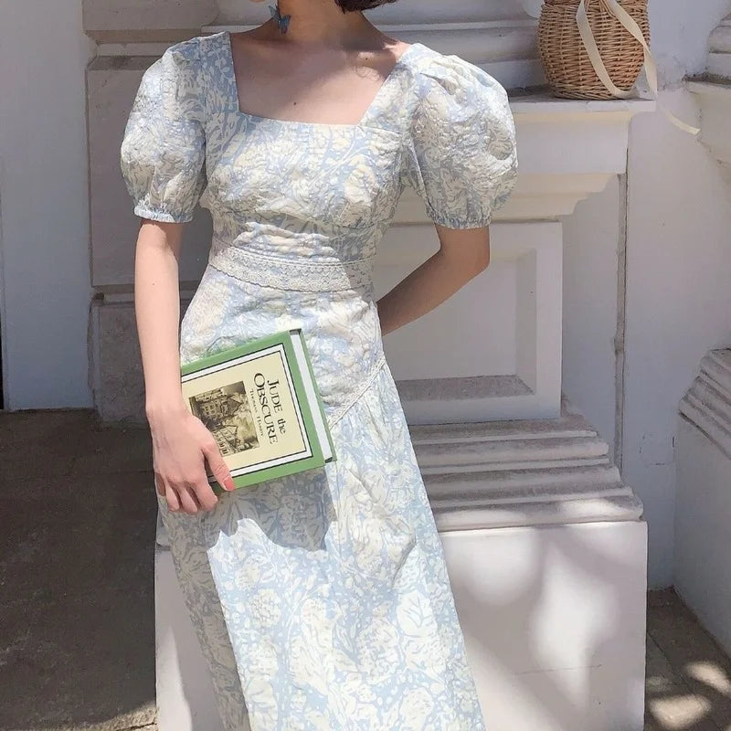 Wjczt French Vintage Floral Dress Women Square Collar Design Slim Party Dress Female Chiffon Puff Sleeve Wedding Party Midi Dress 2024 Tunics Print Colorful