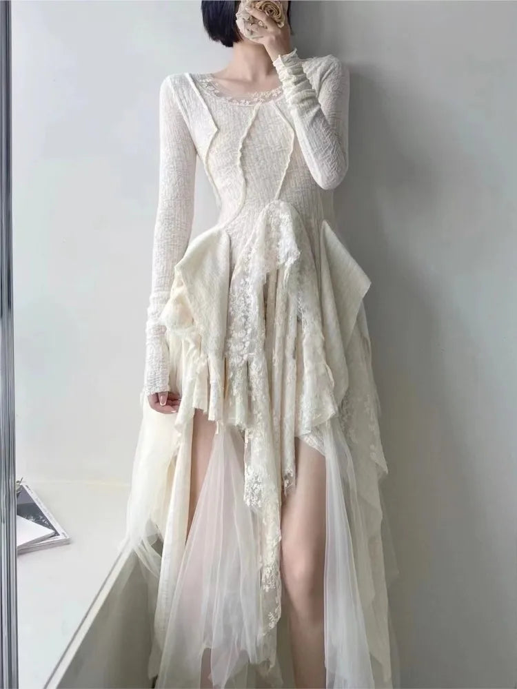 Wjczt French Vintage Elegant Lace Dress Women 2024 Spring Summer New Irregular Splicing Long Bridesmaid Evening Party Dress Prom Robe Bodycon Fitted Nightout