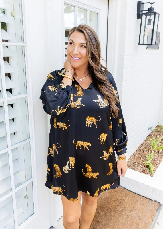 Black Satin Multi Leopard Dress Tunics Office stylish