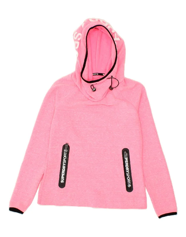 SUPERDRY Womens Graphic Hoodie Jumper UK 10 Small Pink Flecked Polyester Hoodie with Elastic Cuffs Stretchable Comfortable