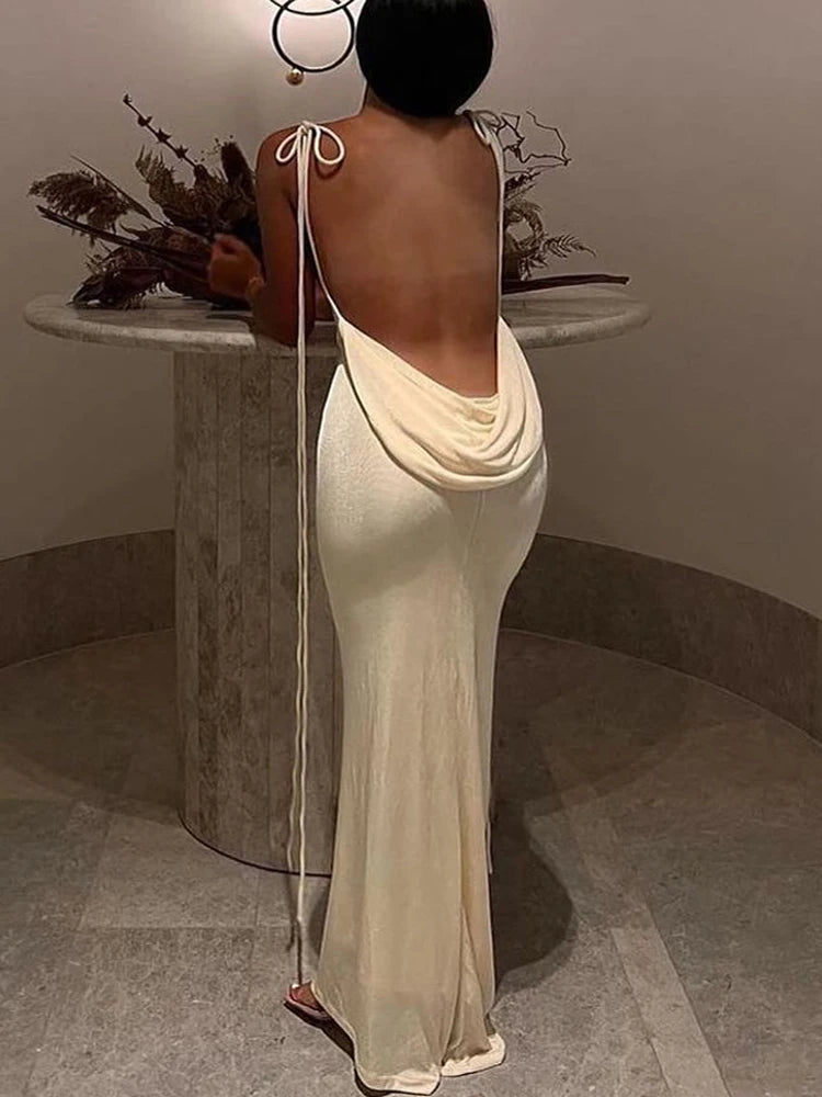 Wjczt Women Sexy Swing Collar Backless Sleeveless Maxi Prom Dress Drawstrings Elegant Bodycon Solid Party Dresses 2022 Summer Tunics Business professional