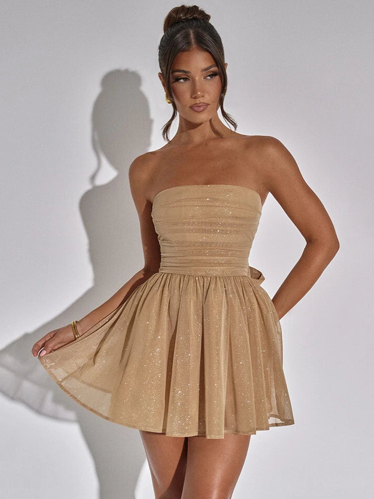 Wjczt Mesh Strapless Sparkle Sexy Mini Dress For Women Fashion Backless Bow Pleated Dresses Ladies Club Party Dress Elegant Tunics Stylish modern