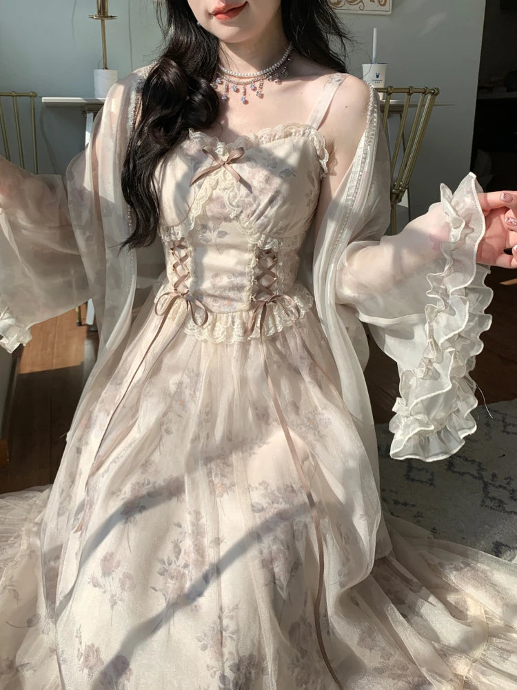 Wjczt Vintage Elegant Floral Dress Women Sweet Ruffles Mesh Fairy Strap Dress Female 2024 Summer Court Retro Evening Party Dress Sexy Off-the-shoulder Bohemian Festive