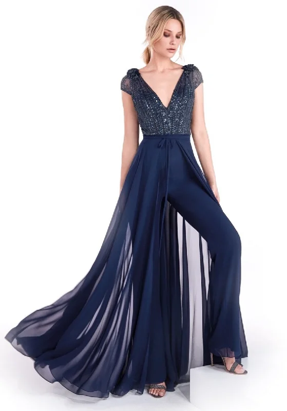 Wjczt Women Elegant Chiffon Jumpsuit Evening Dress With Overskirt Sexy Deep V-neck Sequined Top Pant Party Dress Backless Prom Dresses Tunics Vintage classic