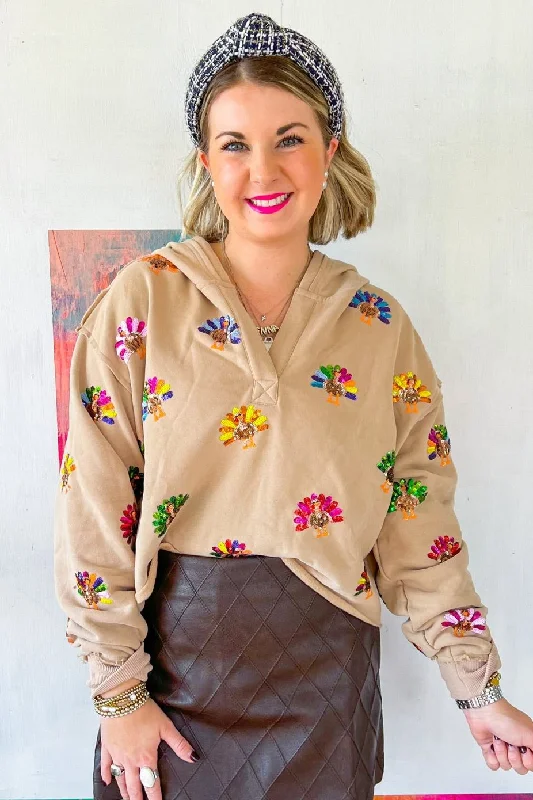 Multi Turkey Hoodie Sweatshirt - Tan Hoodie with Stripes Bold Sporty