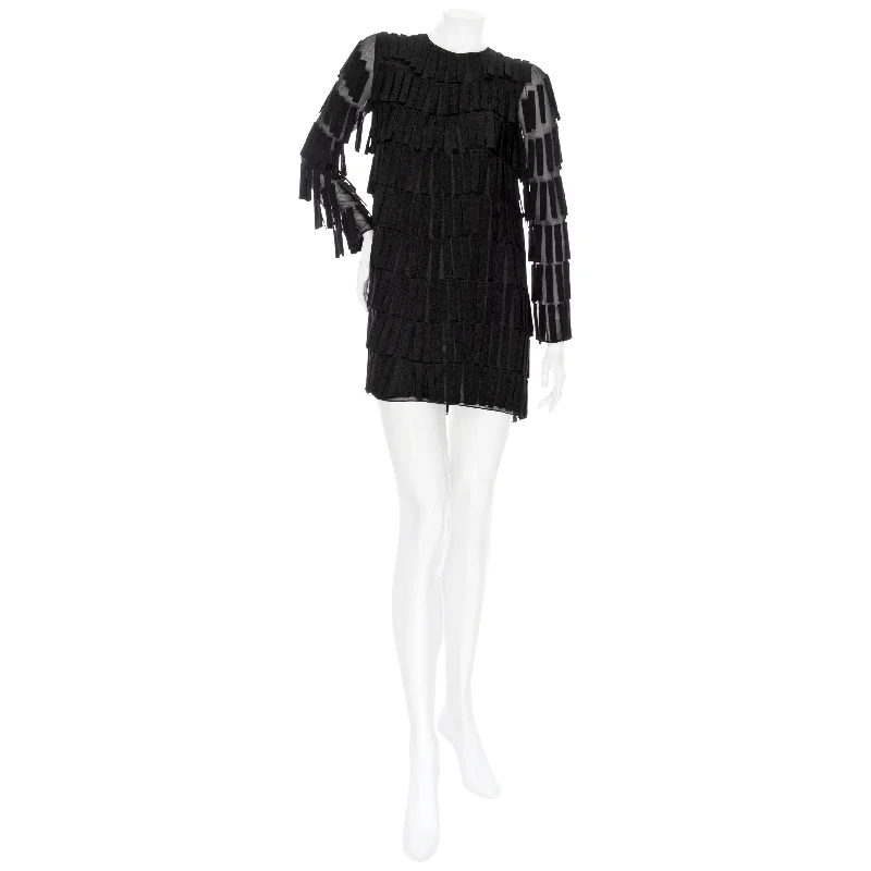 Black Voile Fringed Long Sleeve Mini Shift Dress Tunics Luxurious high-end