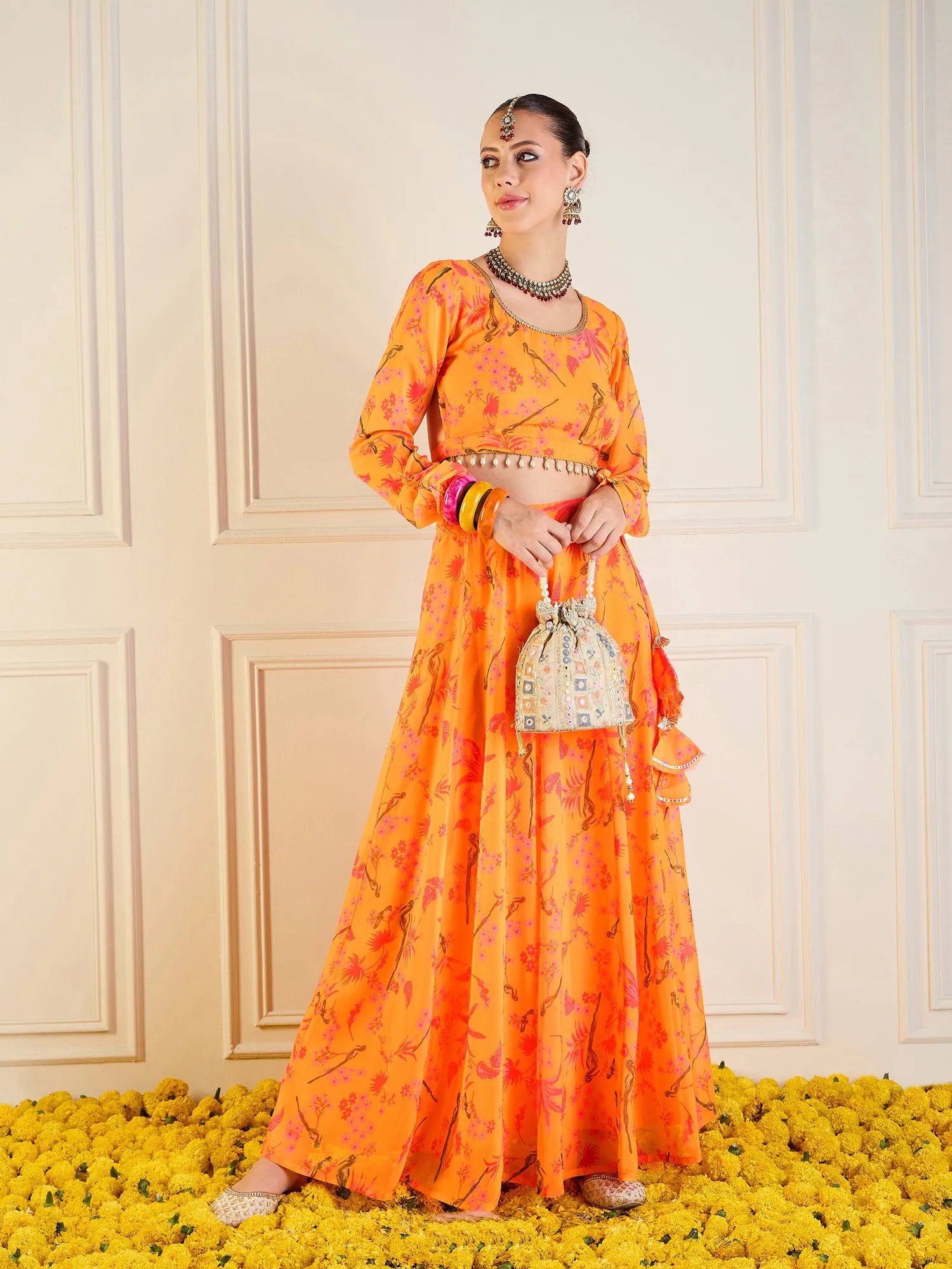 Women Mustard Printed Anarkali Skirt With Crop Top-SHSET95955 chiffon skirt lightweight