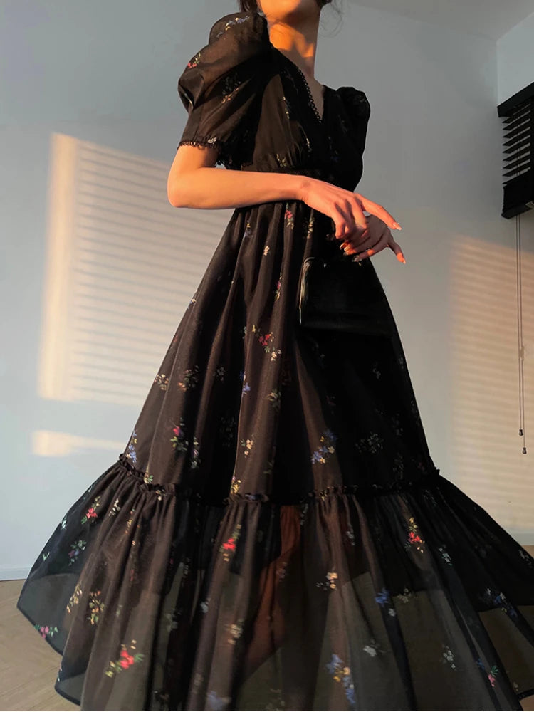 Wjczt Summer Vintage Floral Midi Fairy Dress Women Black Short Sleeve Elegant Sexy Dress Beach Casual Korean Evening Party Dress empire Waist empire