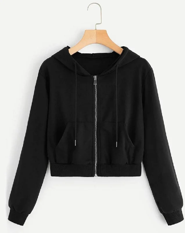 Zip Up Pouch Pocket Drawstring Crop Hoodie - Black Hoodie with Hem Fringe Bohemian Relaxed