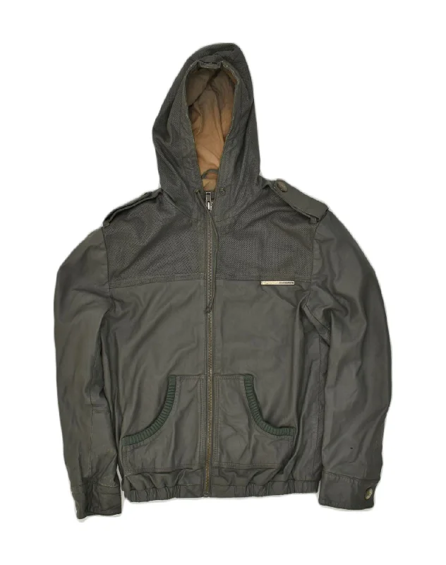 VINTAGE Womens Hooded Military Jacket UK 14 Medium Grey Cotton Boat Neck Shawl Collar Notched Collar