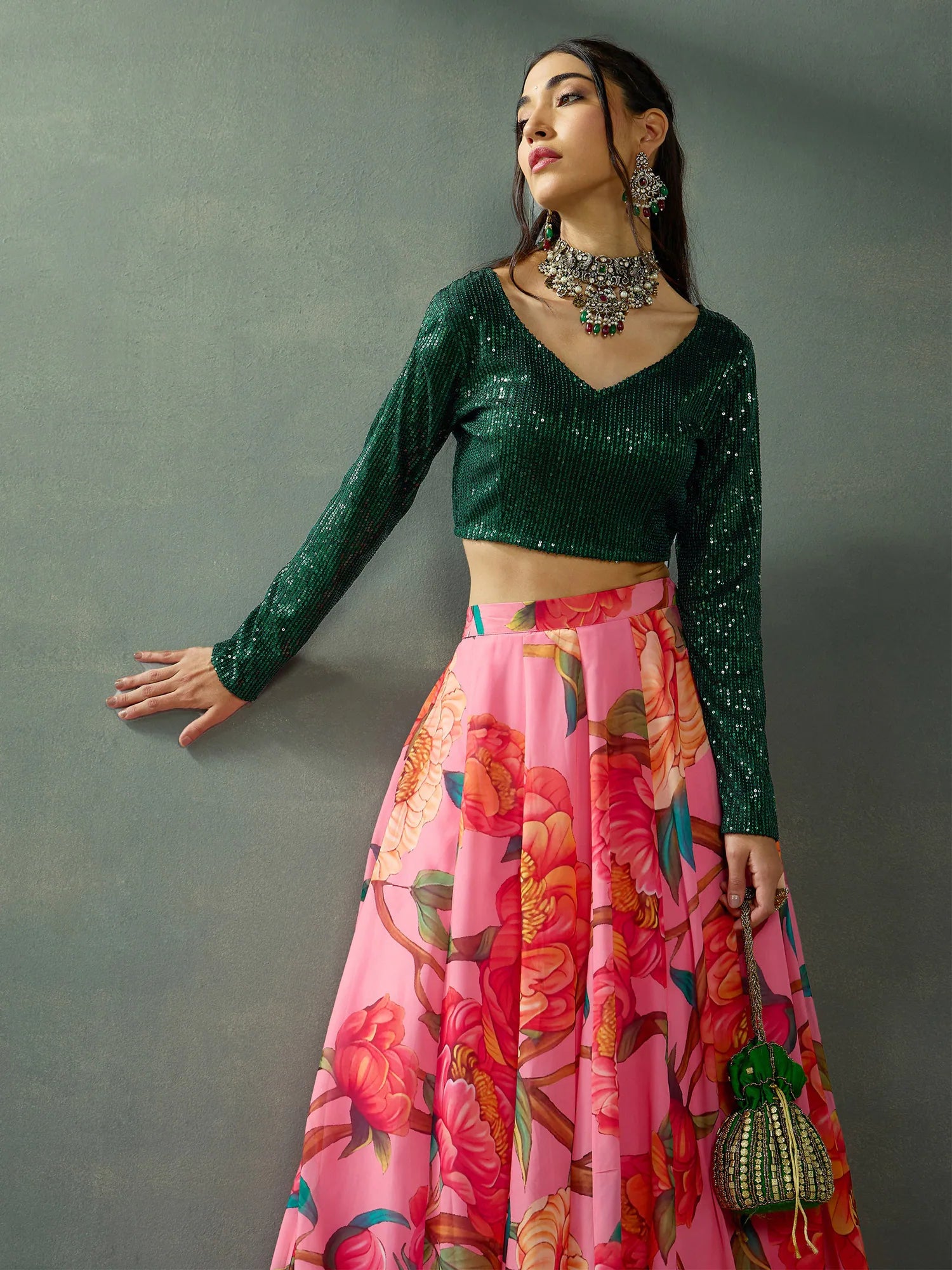 Women Green Sequence Blouse With Anarkali Skirt-SHSET96061 velvet skirt luxurious