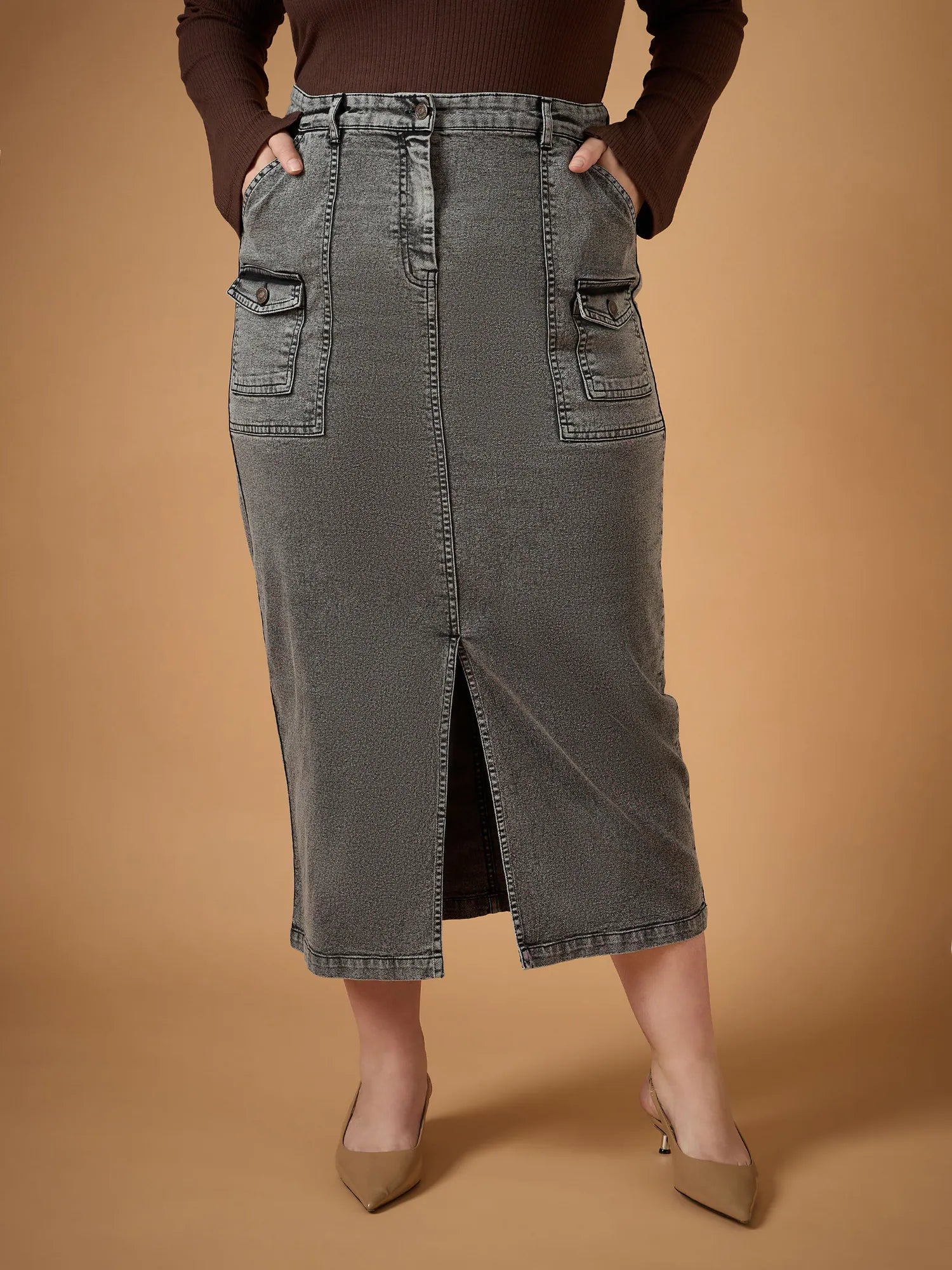 Women Black Denim Wash Front Slit Skirt-SFSKRT30466 wool skirt sturdy