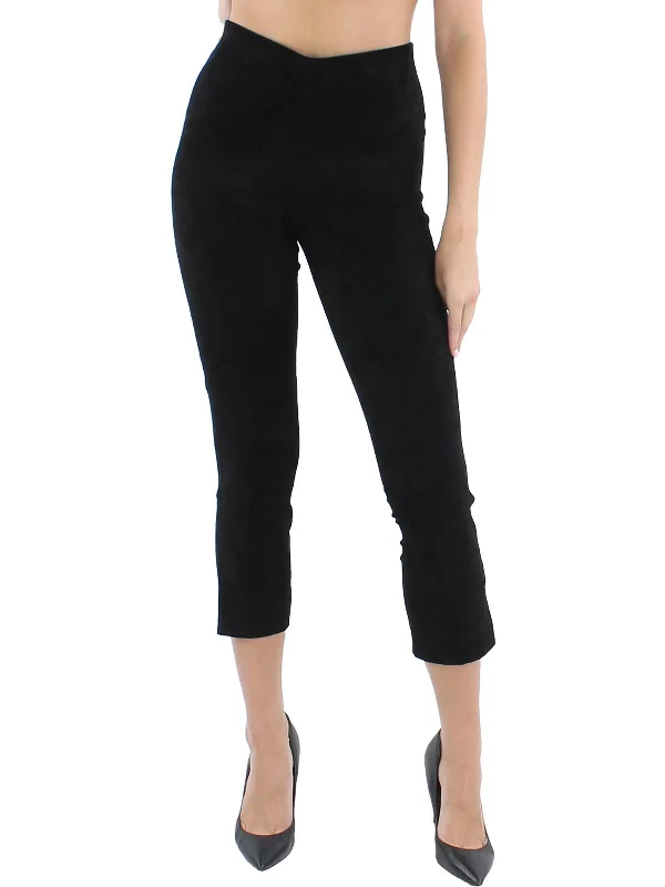 Womens Suede Split Hem Cropped Pants Classic Pleated Pants