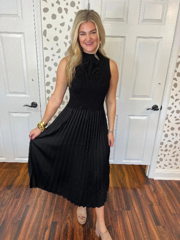 Black Mock Neck Pleated Dress Tunics Fashionable trendy