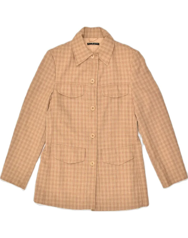 SISLEY Womens 5 Button Blazer Jacket IT 42 Medium Beige Check Wool Ribbed Jacket Pleated Jacket Ruffled Jacket
