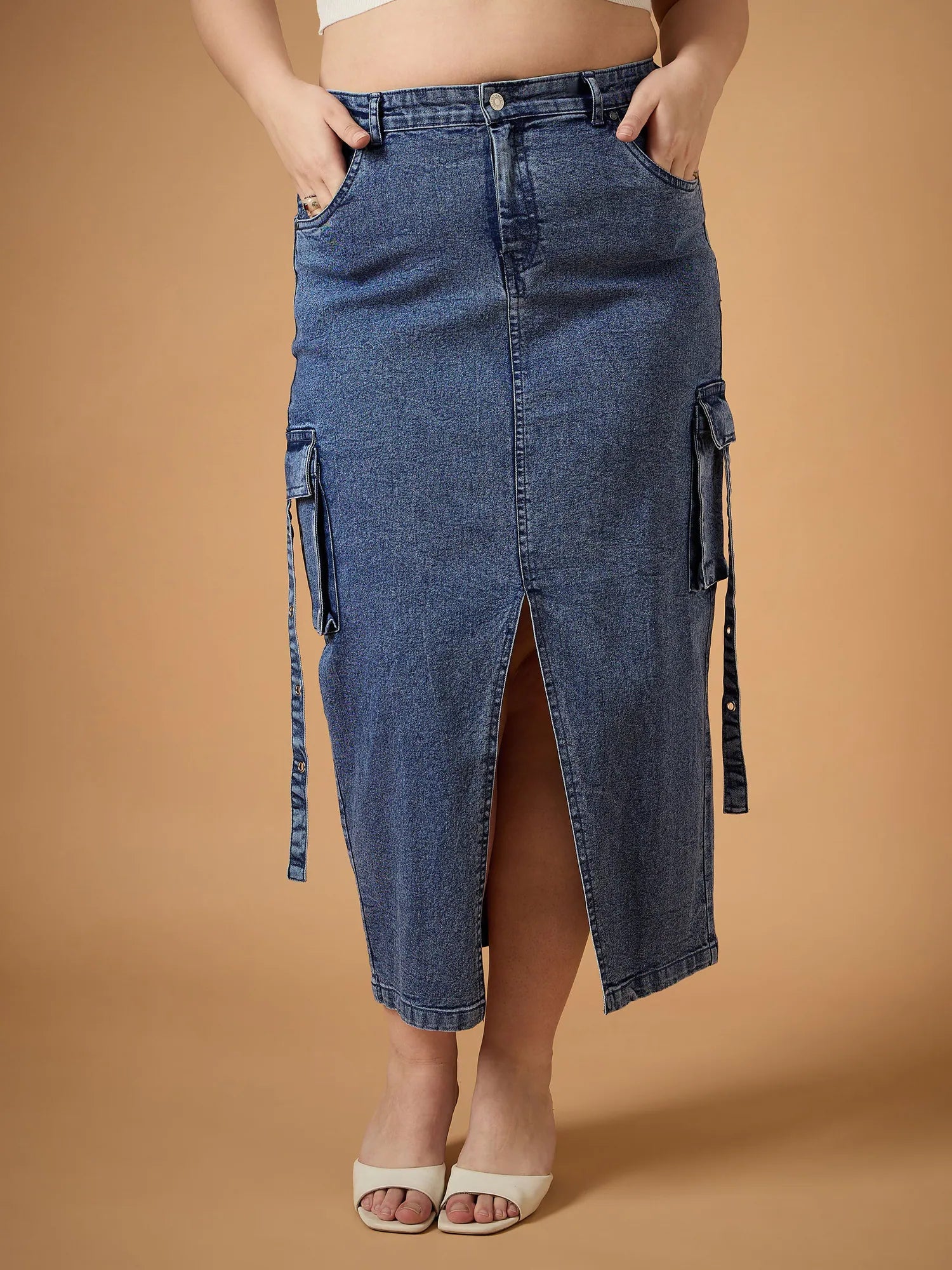Women Blue Blast Denim Side Pocket Skirt-SFSKRT30463 denim skirt fashionable