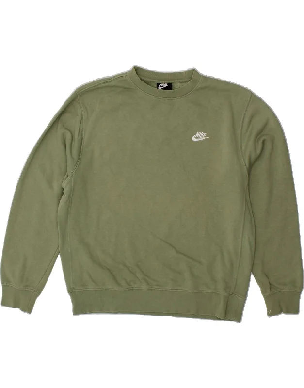 NIKE Womens Oversized Sweatshirt Jumper UK 14 Medium Khaki Cotton Hoodie with Front Slit Layering Stylish