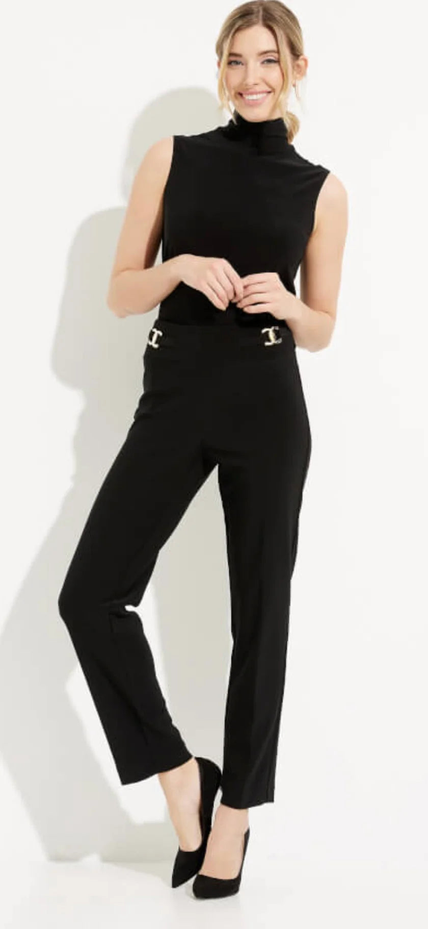 Women's Joseph Ribkoff | Buckle Detail Slim Leg Pant | Black Classic Chino Pants