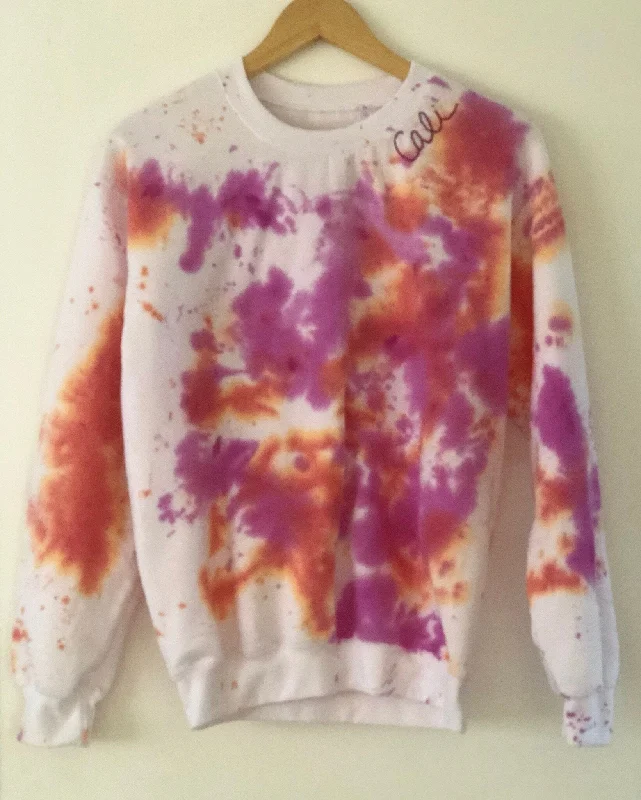 Purple and Coral Tie Dye Crew Sweatshirt Hoodie with Embroidery Detailed Premium