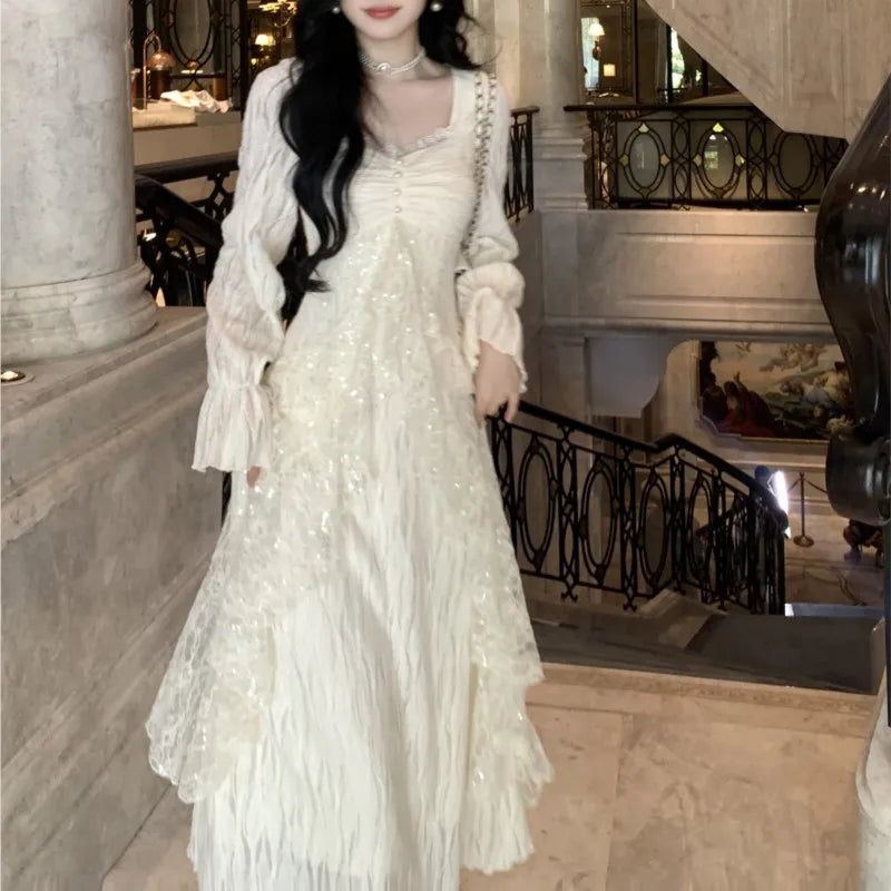 Wjczt Autumn Winter New Elegant Midi Dresses for Women Lace Ruffles Flare Sleeve A-line Birthday Party Dress Korean Vestidos Mujer Tunics Print Colorful