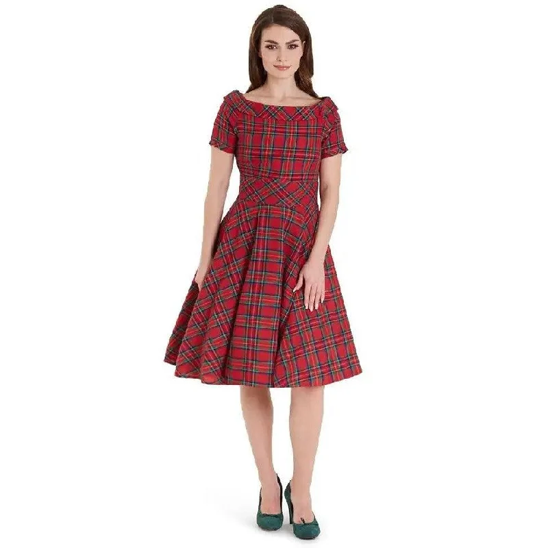 Darlene Retro Highland Red Tartan Circle Dress Tunics Satin smooth