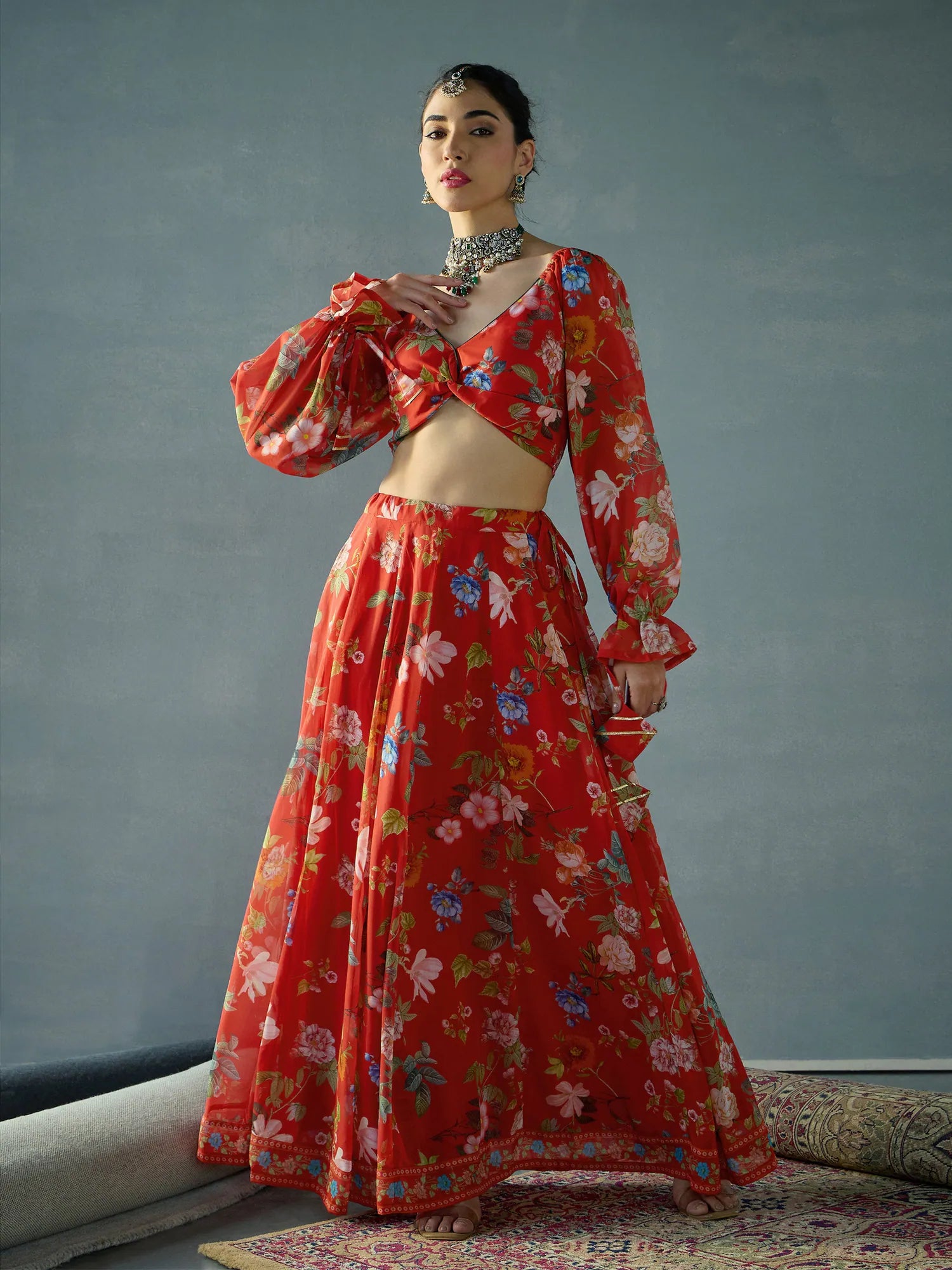 Women Red Floral Back Smocking Crop Top With Anarkali Skirt-SHSET96064 boho skirt vibe