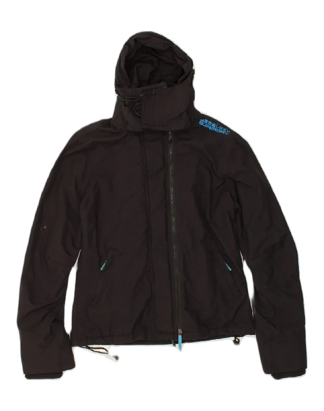 SUPERDRY Womens Windcheater Hooded Rain Jacket UK 12 Medium Black Nylon Tiered Jacket Buttoned Jacket Zippered Jacket