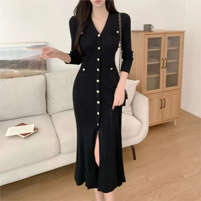 Wjczt Korean Chic Knitted Dresses for Women V-neck Long Sleeve Slim Bodycon Ruffles Party Dress Casual Autumn Winter New Vestidos sweetheart Neckline Romantic