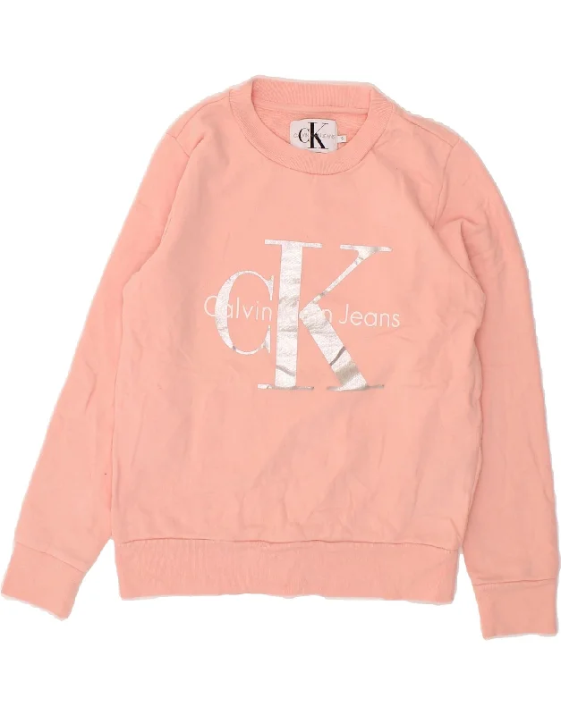 CALVIN KLEIN Womens Graphic Sweatshirt Jumper UK 10 Small Pink Hoodie with Puffed Sleeves Voluminous Trendy