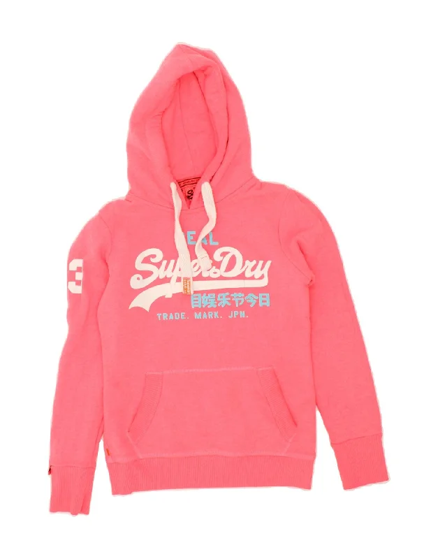 SUPERDRY Womens Graphic Hoodie Jumper UK 10 Small Pink Cotton Hoodie with Crew Neck Simple Timeless