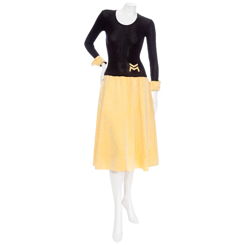 1970s Black Stretch Rayon and Yellow Suede Speed Suit Dress Tunics Polka dots