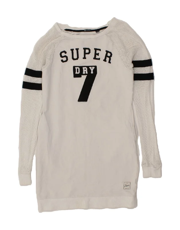SUPERDRY Womens Longline Graphic Sweatshirt Jumper UK 10 Small White Hoodie with Hem Lace Feminine Delicate SUPERDRY Womens Longline Graphic Sweatshirt Jumper UK 10 Small White Hoodie with Hem Lace Feminine Delicate