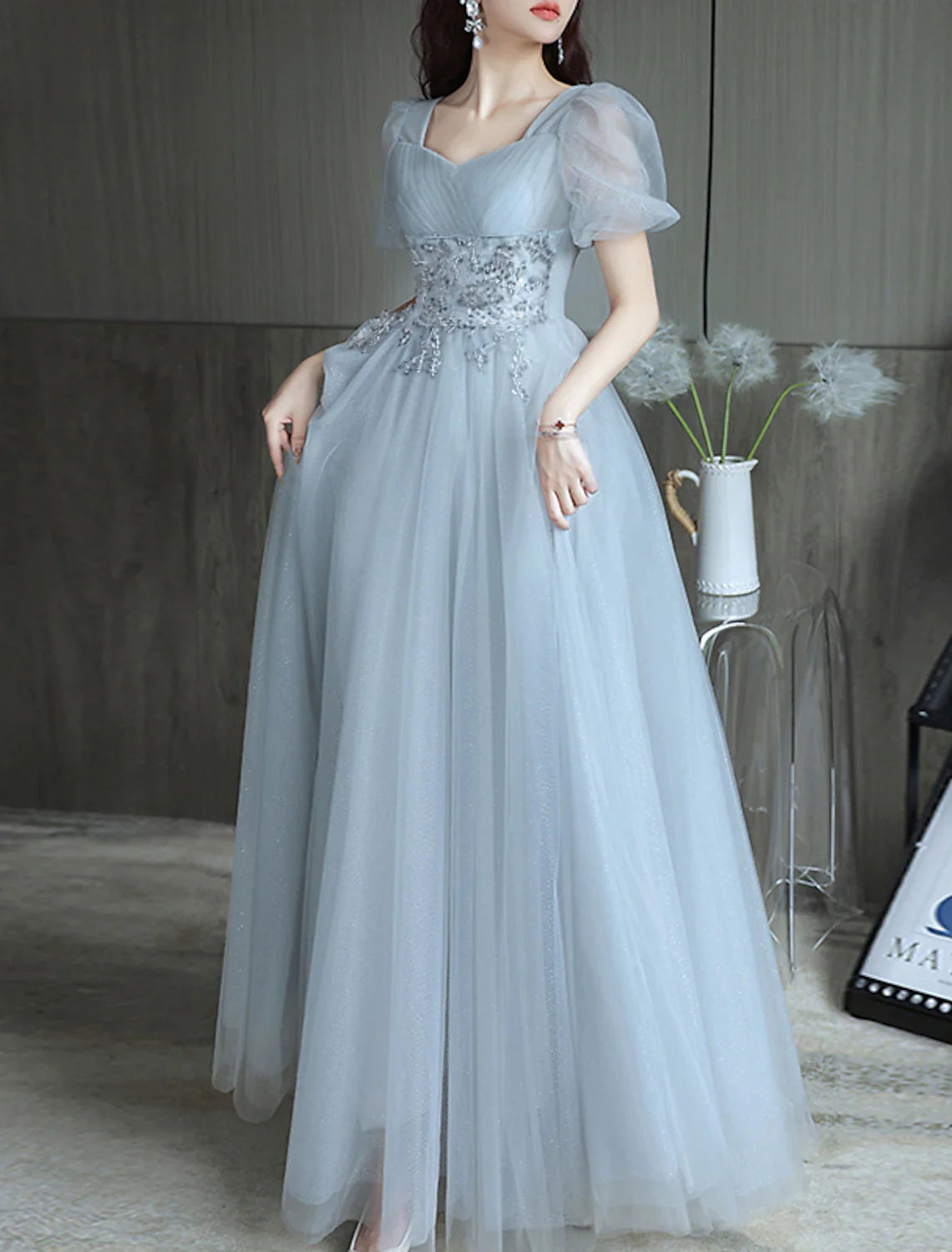 A-Line Evening Gown Sparkle & Shine Dress Party Dress Valentine‘s Day Floor Length Short Sleeve Sweetheart Tulle with Beading Tiered Tunics Formal black