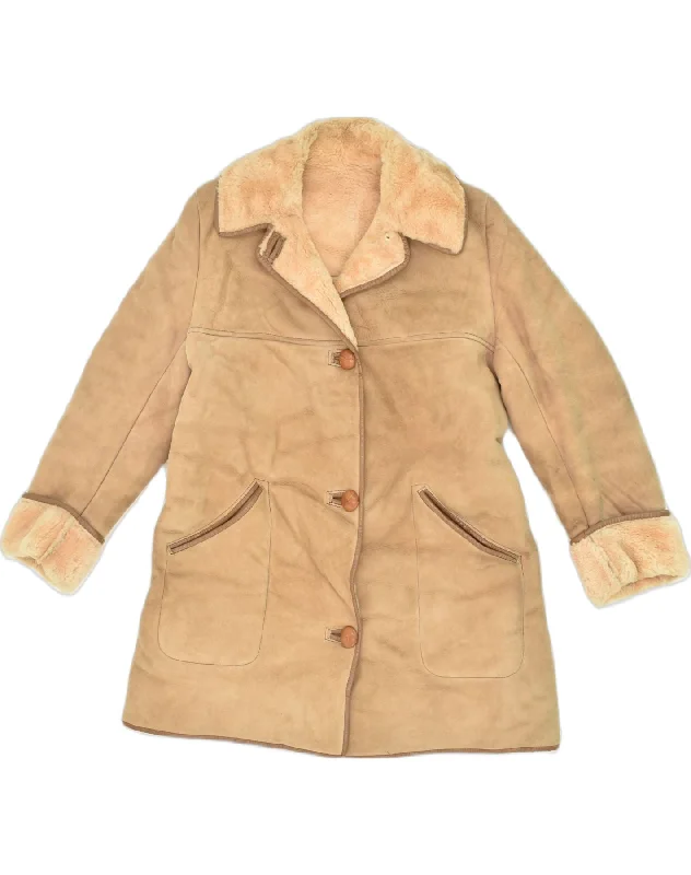 VINTAGE Womens Sherpa Jacket EU 38 Small Brown Knit Fabric Woven Fabric Fleece Fabric