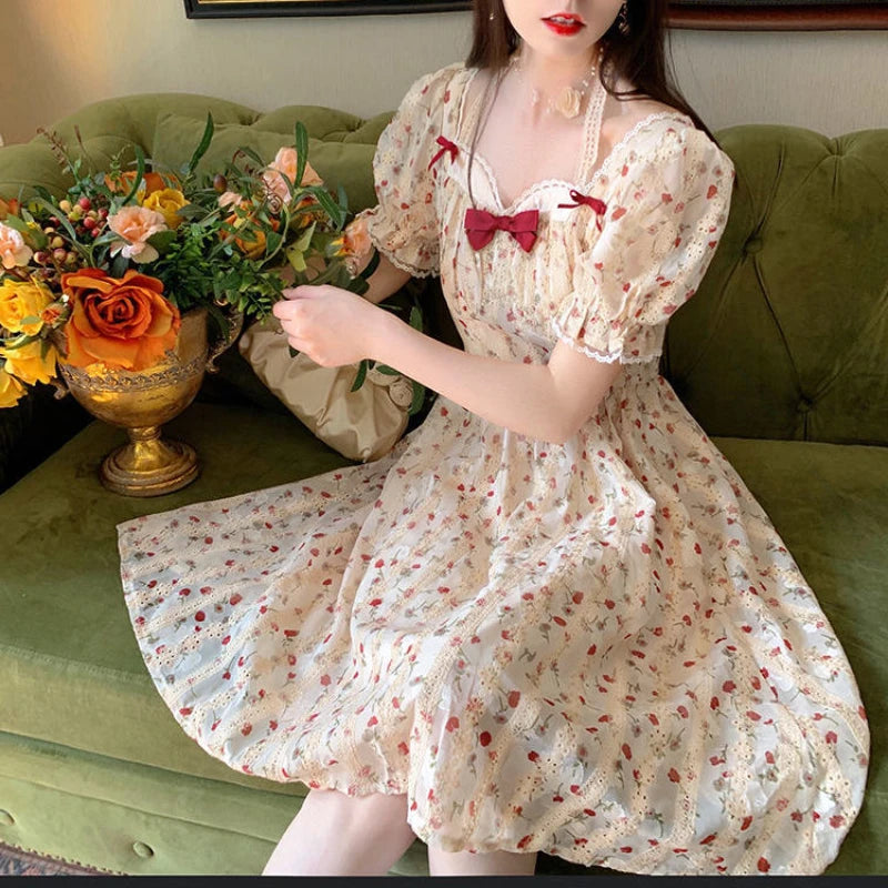 Wjczt French Vintage Princess Dress Women Sweet Floral Print Fairy Party Dress Korean Bow Beach Holiday Elegant Dresses for Women 2024 Shift Classic Vintage