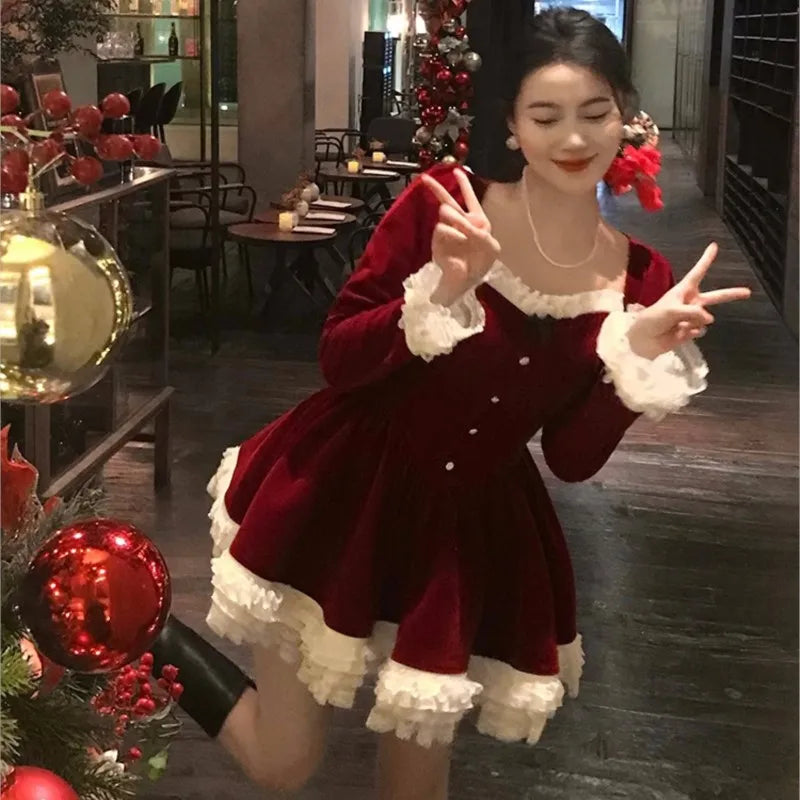 Wjczt Elegant Velvet Lace Ruffles Patchwork Short Dresses for Women Long Sleeve A-line Korean Fashion Christmas Birthday Party Dress Turtleneck Warm Winter