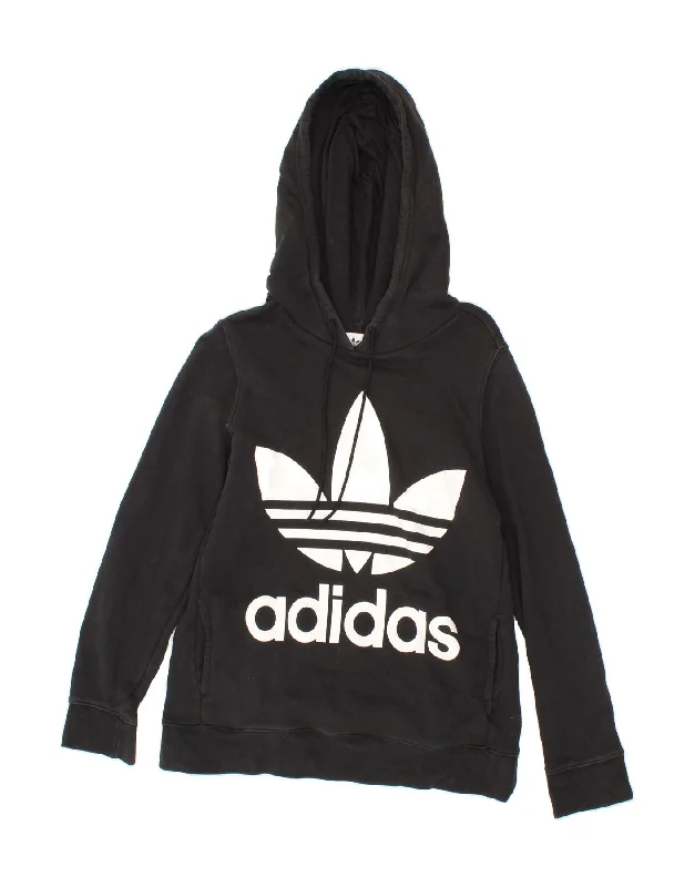 ADIDAS Womens Graphic Hoodie Jumper UK 10 Small Black Cotton Hoodie with Mesh Breathable Sporty