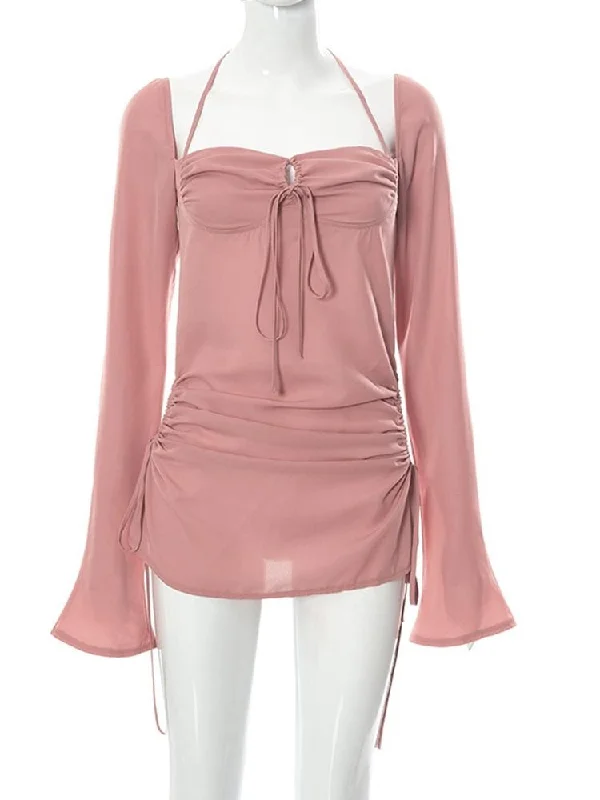 Wjczt 2022 Spring Elegant Cut Out Halter Bodycon Mini Dress Women Sexy Flare Long Sleeve Drawstring Backless Party Dresses Tunics Fashionable trendy