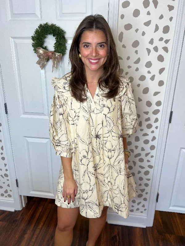Grey Floral Print Cream Dress empire Waist empire