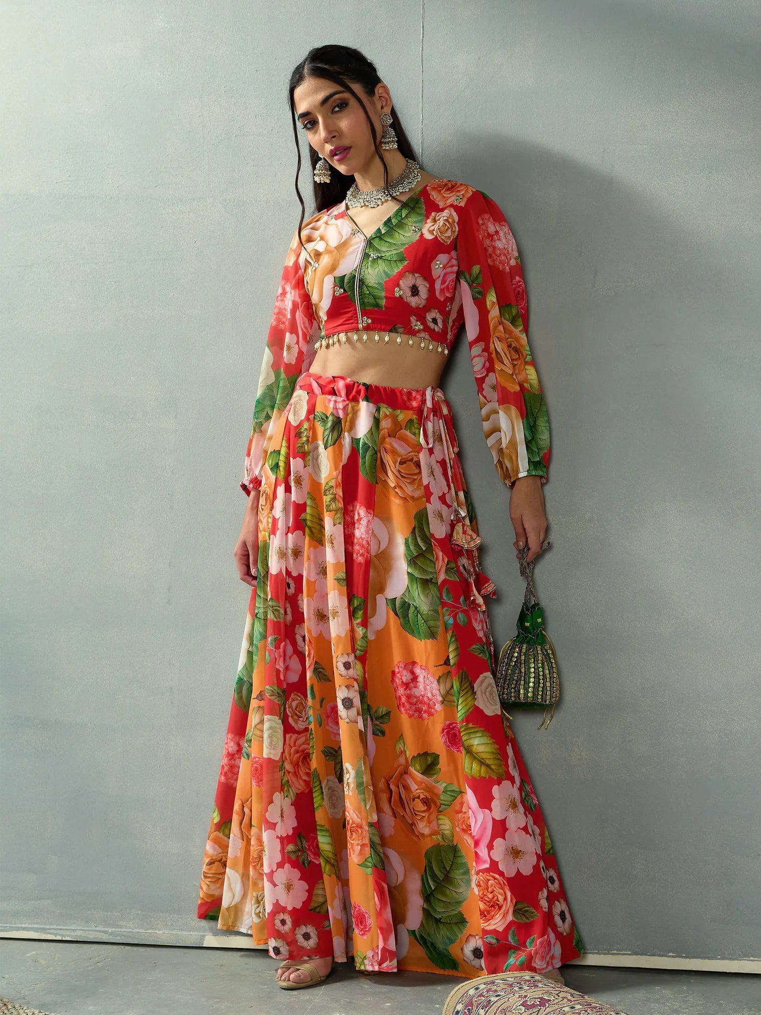 Women Red Floral V Neck Crop Top With Anarkali Skirt-SHSET96053 floral skirt print