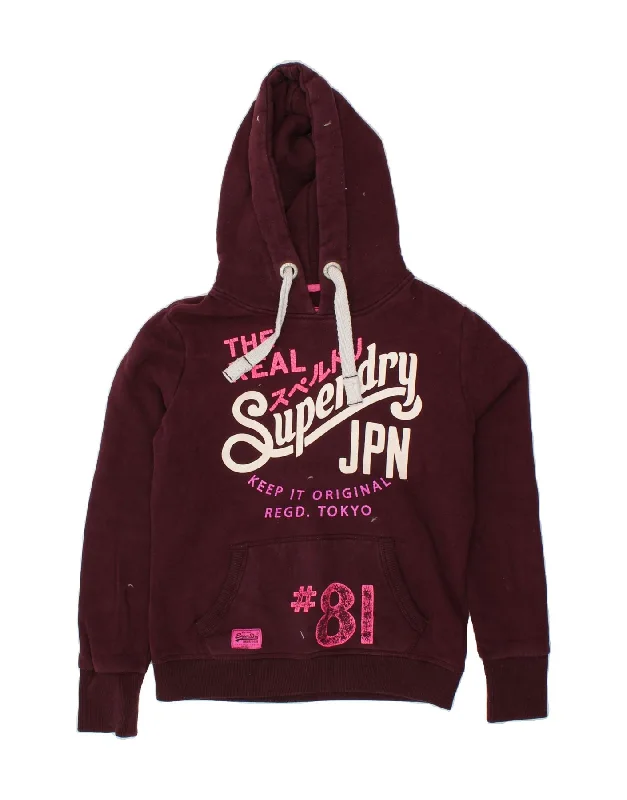 SUPERDRY Womens Graphic Hoodie Jumper UK 14 Medium Burgundy Cotton Hoodie with Pattern Geometric Abstract SUPERDRY Womens Graphic Hoodie Jumper UK 14 Medium Burgundy Cotton Hoodie with Pattern Geometric Abstract