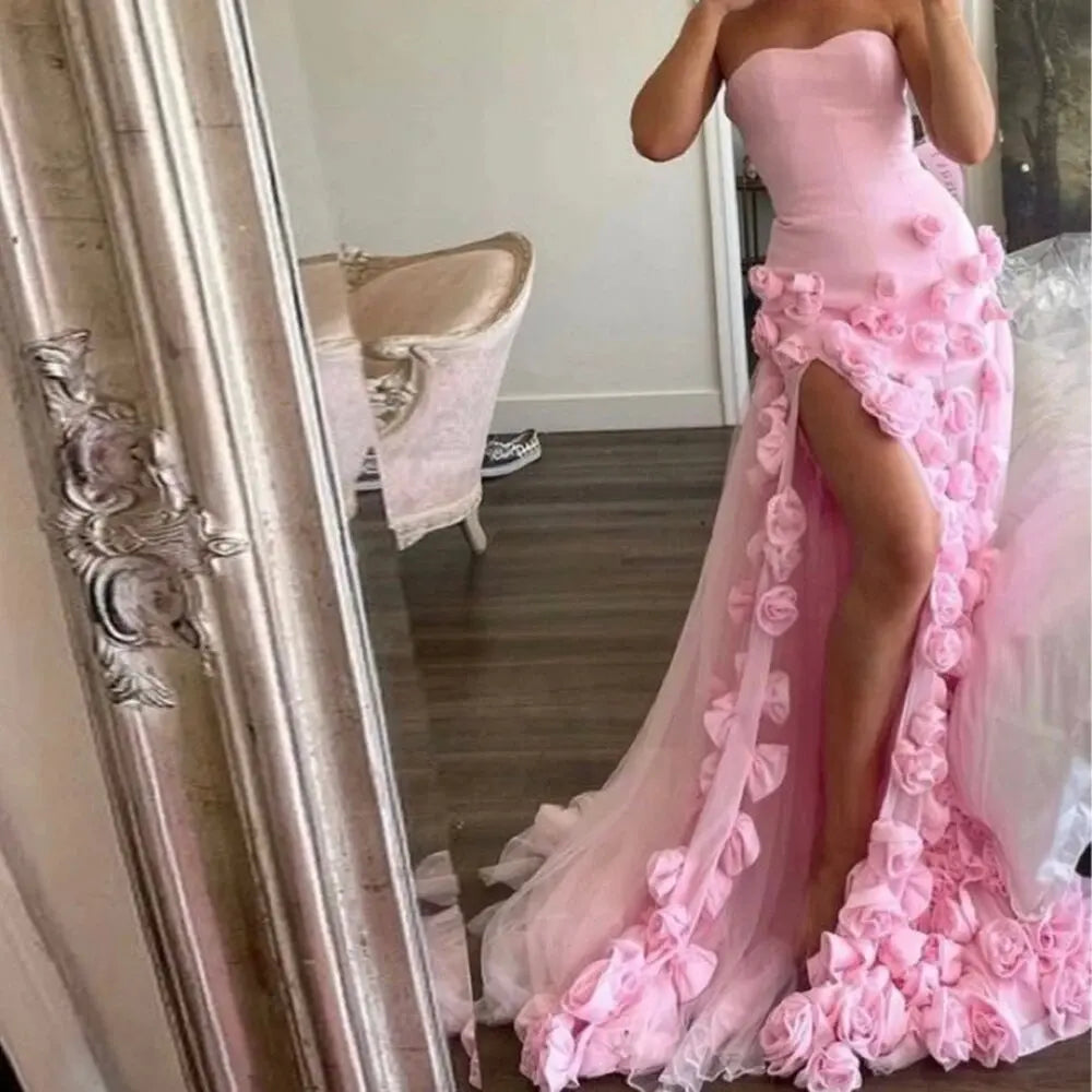Wjczt  Elegant Pink Flowers Evening Dresses for Women Wedding Formal Occasion Long Side Slit Girls' Party Dress Tunics Canvas sturdy