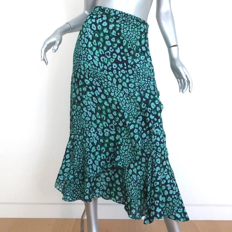 CEFINN Ruffle Hem Midi Skirt Maria Mint Leopard Print Silk-Blend Size US 2 relaxed fit skirt