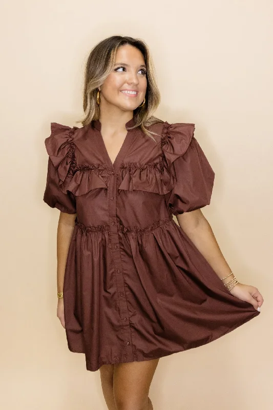 Brown Puff Sleeve Ruffle Dress Tunics Chic fashionable